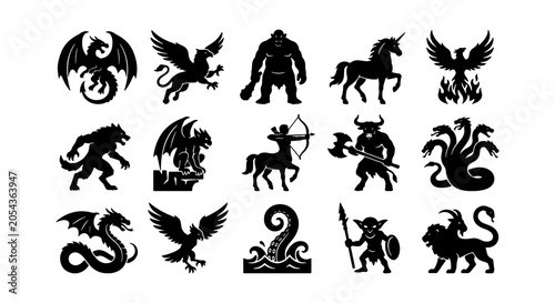Bild auf Leinwand Mythical Creatures Vector Icons Set: Fantasy Beasts, Legendary Monsters, Magical