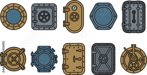 Submarine Hatch and Ship Porthole Window Icon Set with Industrial Bulkhead Doors Vault Locks and Nautical Metal Plate Elements for Graphic Designs