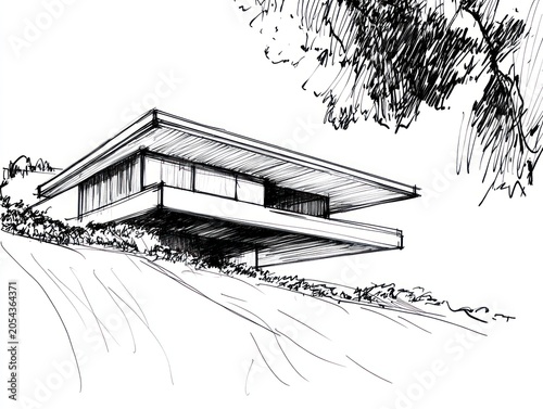 Architectural sketch of a modern house with geometric forms on a hillside under a tree