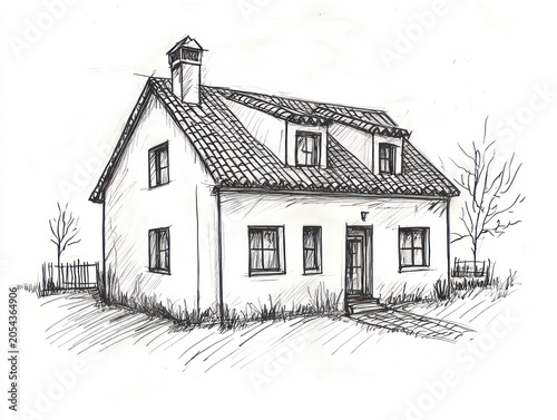 Pen and ink sketch of a two-story residential structure, with a tile roof and chimney