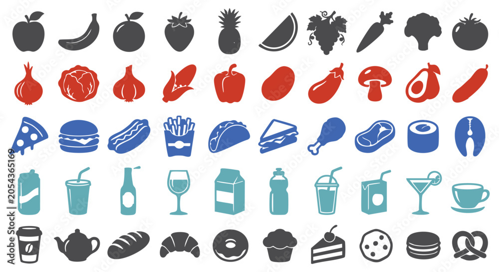 Fototapeta premium Food and Beverage Vector Icon Set with Fruits Vegetables Bakery and Italian Cuisine Illustrations