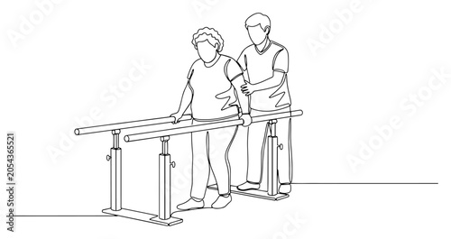 Foto Physical therapy session with parallel bars single line art, patient rehabilitat