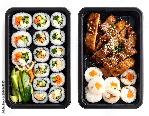 Two takeout containers present colorful sushi rolls alongside a selection of teriyaki-glazed, grilled meat