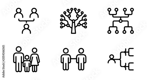 Bilde på lerret Family Tree and Organization Chart Icons, Genealogy and Hierarchy Vector Graphic