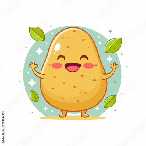 Happy Cartoon Potato Character with Leaves