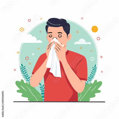 Man blowing nose with tissue, illustration of illness or allergy
