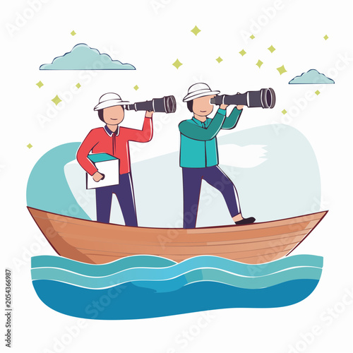 Two people in a boat looking through telescopes