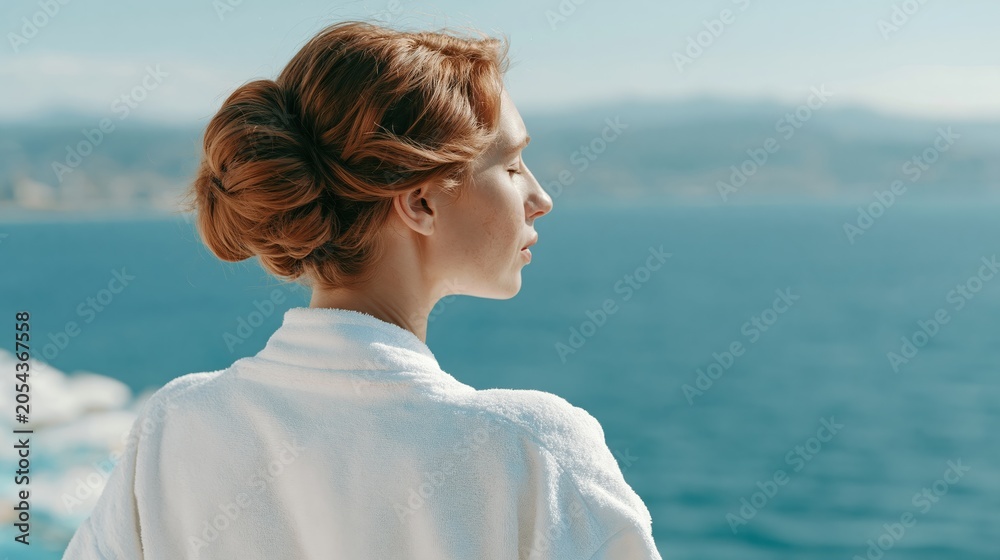 Fototapeta premium Serene woman with auburn hair in a robe enjoys a peaceful moment by the ocean