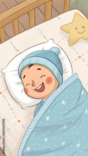 a happy newborn baby before going to bed in a sleeping cap under a blanket lies on the back and smiles on the bed in the bedroom, a happy cute little baby, top view.