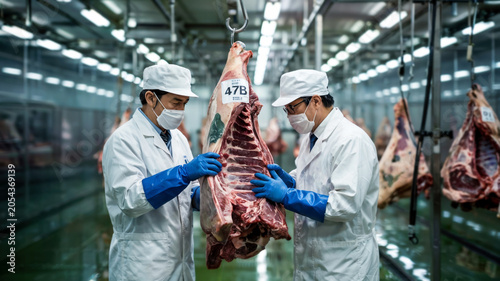 Group of workers in full protective uniforms inspecting meat for infection and contamination in cold storage, concept of disease control