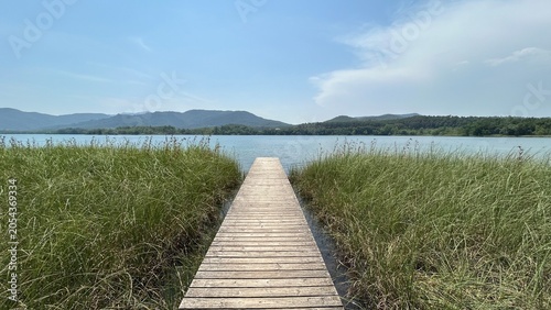 Obraz na płótnie Antigua pasarela de madera rodeada de vegetación en un gran lago