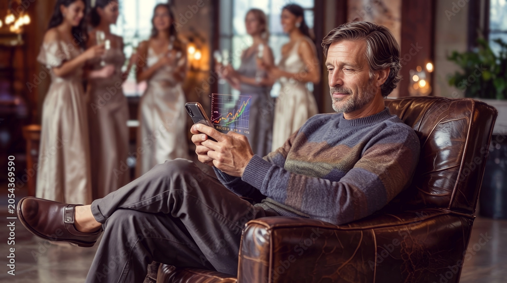 Obraz premium Male in casual attire sits on a leather chair using a smartphone in a lavish setting