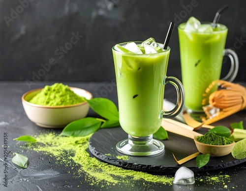 Two tall glasses with a vibrant green beverage, ice cubes, and straws. Bowls of matcha powder, whisk, and leaves sit nearby