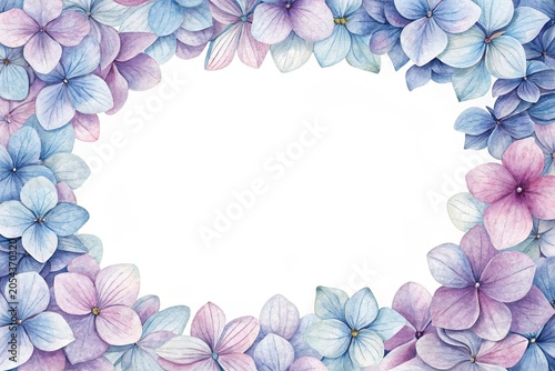 Decorative hydrangea border frame featuring blue and purple hydrangeas in delicate watercolor ideal for elegant invitations and stationery