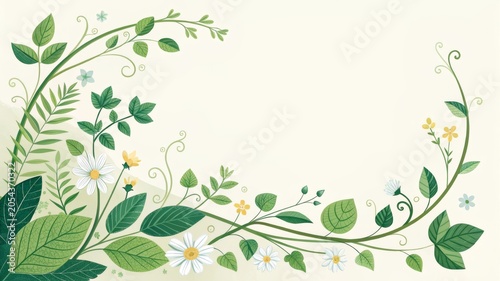 Creating a nature-themed border with green leaf vines and small wildflowers for a minimal and fresh design aesthetic