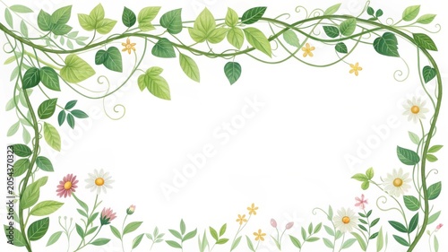 Creating a nature-themed border design featuring green leaves vines and small wildflowers for minimalist freshness in interior design settings