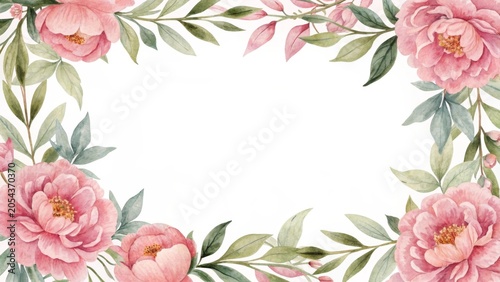 Create a stunning peony floral frame with large soft pink peonies and lush green leaves in a watercolor painting center for home decor