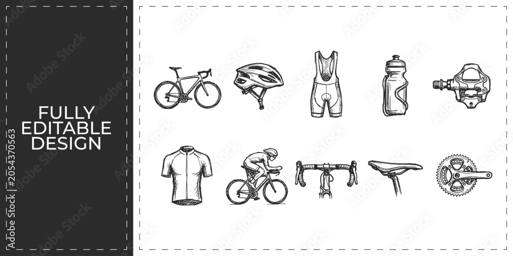 Fototapeta premium Professional cycling and bicycle gear hand drawn vector icons set featuring bike helmet jersey water bottle and shoes for outdoor sports and fitness activity