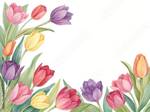 Handpainted watercolor spring tulips framing the page colorful floral border art vibrant garden design bright and cheerful atmosphere
