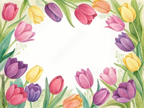 Handpainted watercolor floral border of colorful spring tulips framing the page in a bright garden setting