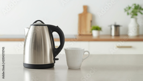 A stainless steel kettle sits on a kitchen countertop next to a white cup. Background features a wooden cutting board