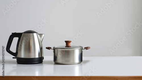 A stainless steel kettle and pot with a wooden lid,  arranged on a white countertop. Kitchenware for cooking