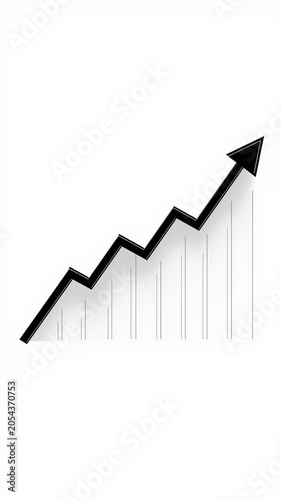 A black upward trending arrow on a white background. Arrow represents growth, success, and positive change