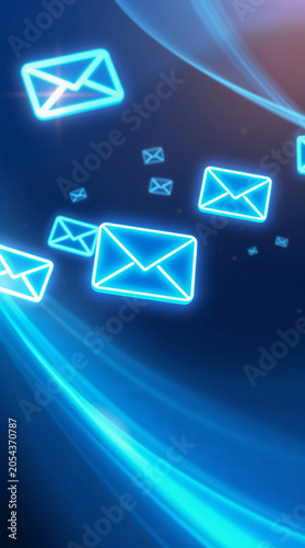 Digital representation of glowing blue email icons floating in a dark environment. Scene conveys themes of communication