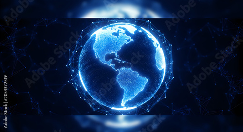 Glowing digital earth globe rendered with intricate blue light particles and connected network lines representing global communication and modern technology