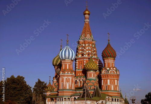 The 16th-century Cathedral of the Intercession of the Holy Virgin or St. Basil's Cathedral on Red Square in Moscow (Russia). A popular tourist destination in the historical center of Moscow.