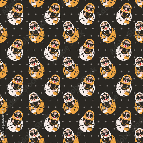 Rebel Russian Matryoshka Seamless Pattern. Nesting Dolls with Middle Finger Gesture