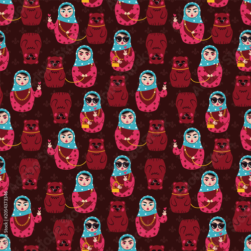 Trendy Russian Matryoshka  with K-Pop Finger Heart Gesture and Bear Seamless Pattern