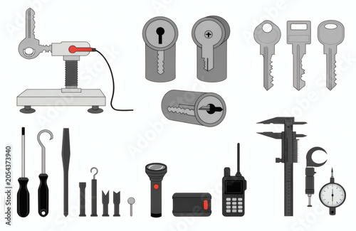 Professional Locksmith Tools and Security Service Equipment Vector Set