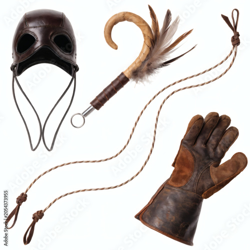 Traditional Falconry Equipment Collection Isolated on White Background
