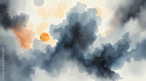 Abstract watercolor clouds with bright sun and bokeh circles