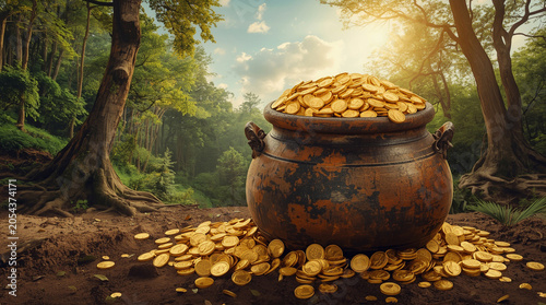 Rustic pot overflowing with gold coins in forest