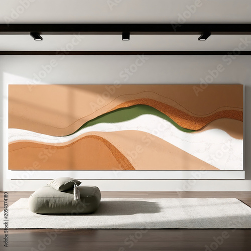 Abstract art with wavy lines and earthy tones on wall