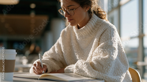Over the shoulder view of medical resident using loss aversion decision framework written in structured journal, each choice weighted against potential regret column, hospital