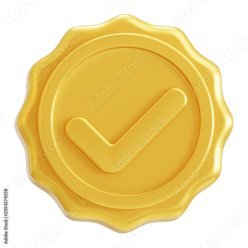 Obraz na plátně Golden checkmark badge 3D rendering icon for quality assurance and verification