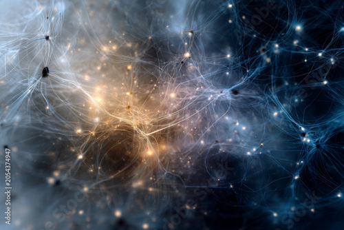 Abstract visualization of neural network connections and artificial intelligence data flow in a digital universe. Futuristic concept of deep learning and advanced technology innovation
