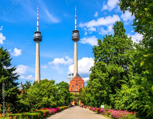 Two tall, modern towers with antennas stand against a cloudy sky. The path leads to a gate with greenery