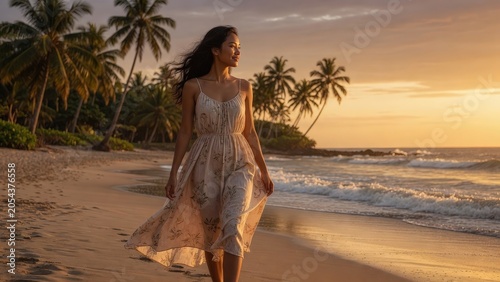 Young Southeast Asian Woman Walking on Tropical Beach at Golden Hour