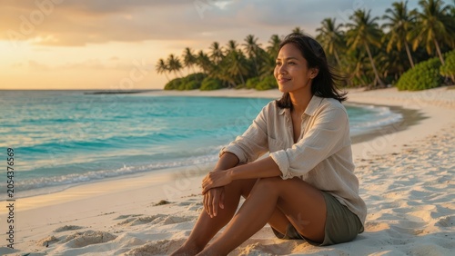 Young Southeast Asian Woman Relaxing on Tropical Beach at Golden Hour