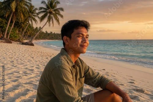 Peaceful Asian Man Sitting on White Sand Beach During Sunset