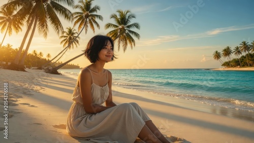 Young Southeast Asian Woman Relaxing on Tropical Beach at Golden Hour