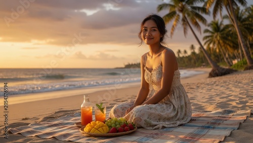 Young Southeast Asian Woman Enjoying Picnic on Tropical Beach