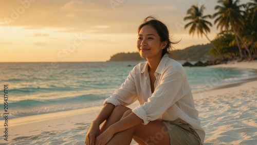 Young Southeast Asian Woman Relaxing on Tropical Beach at Golden Hour