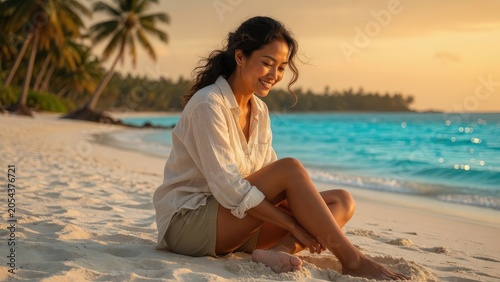 Young Southeast Asian Woman Relaxing on Tropical Beach at Golden Hour