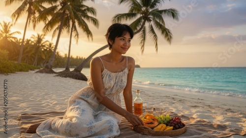 Young Southeast Asian Woman Enjoying Picnic on Tropical Beach