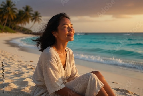 Young Southeast Asian Woman Relaxing on Tropical Beach at Golden Hour